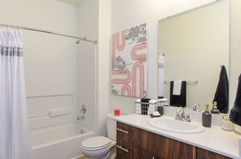 a bathroom with a sink toilet and bathtub